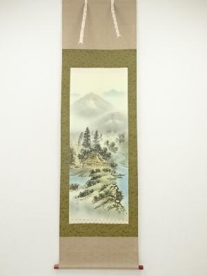 江河筆　四神守護山水　肉筆絹本掛軸（共箱）